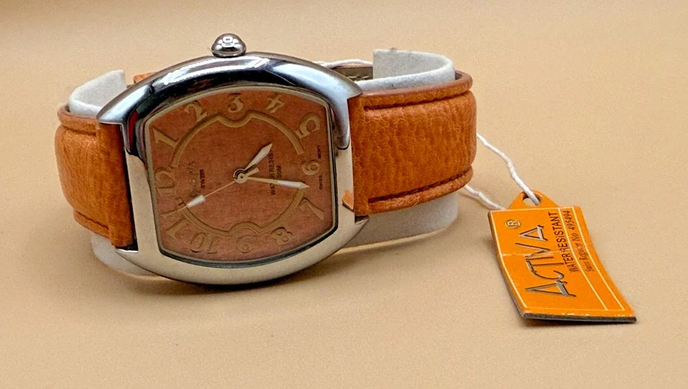 ⭐ NOS Activa Swiss Quartz Watch Brown Dial Leather Strap Water Resistant 32 mm